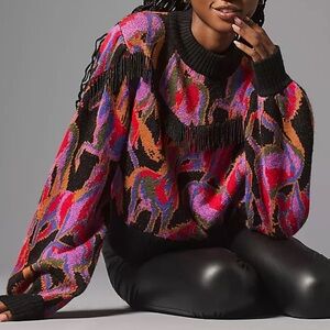 NWT FARM Rio Wild Horse Beaded Fringe Vibrant Wool Blend Oversized Sweater